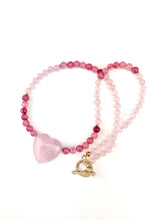 Load image into Gallery viewer, Cherry + Rose Quartz Beaded Necklace with a Rose Quartz Heart Pendant
