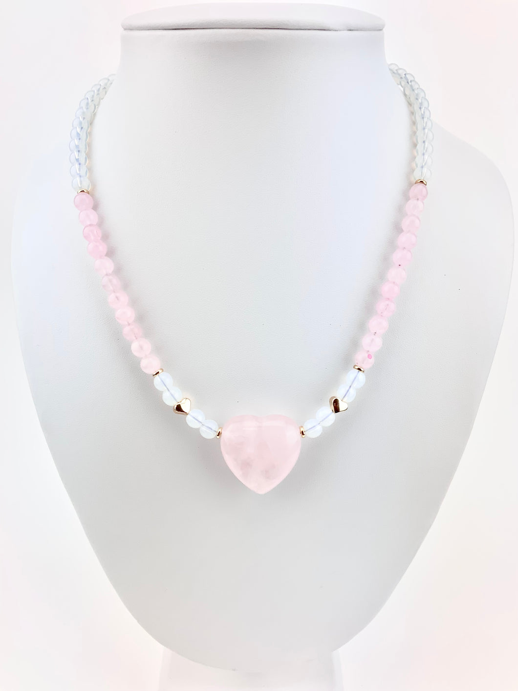 Opalite + Gold Heart + Rose Quartz Beaded Necklace with a Rose Quartz Heart Pendant