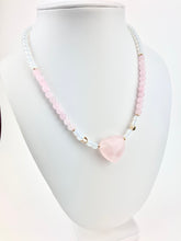 Load image into Gallery viewer, Opalite + Gold Heart + Rose Quartz Beaded Necklace with a Rose Quartz Heart Pendant
