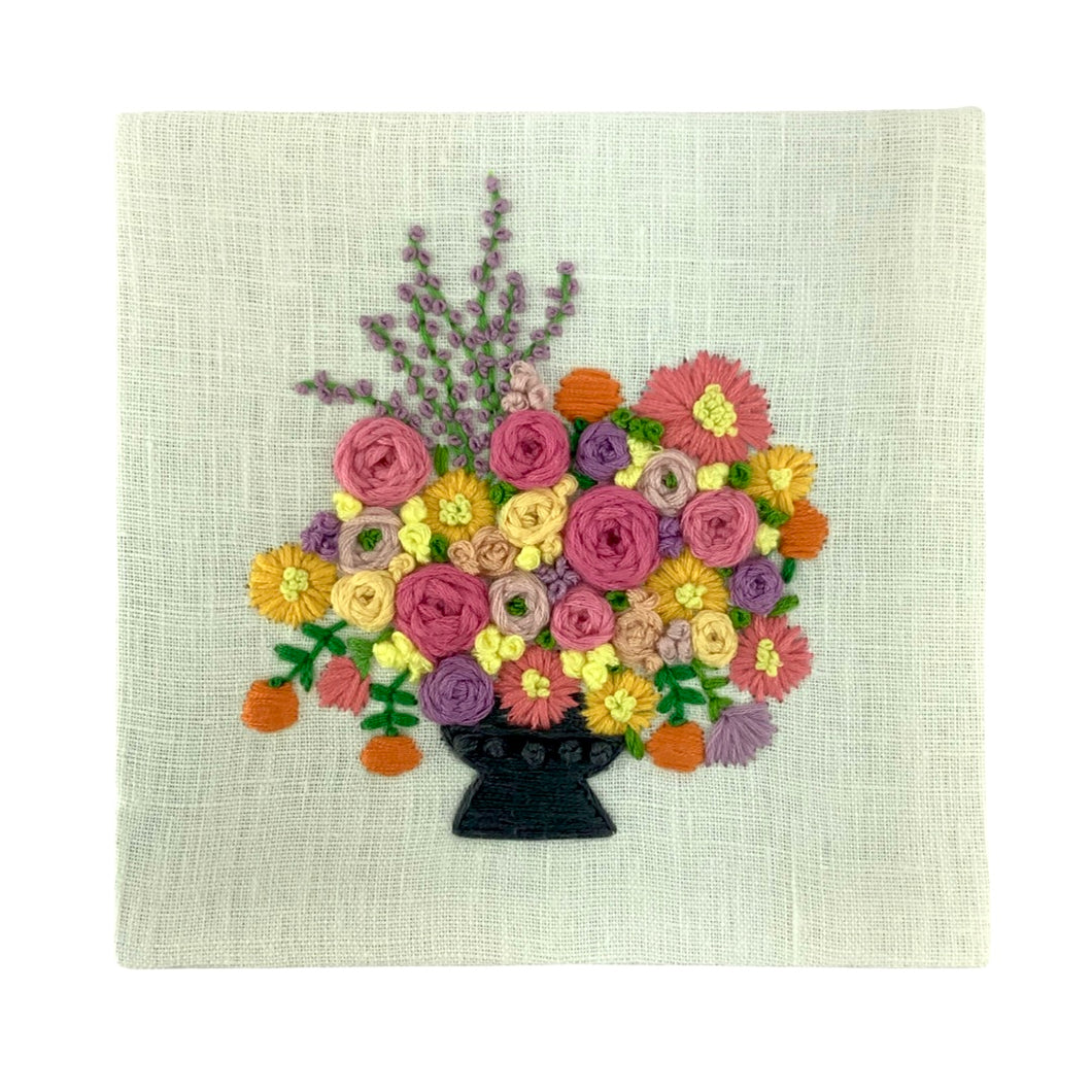 6”x6“ Floral Embroidery on White Linen