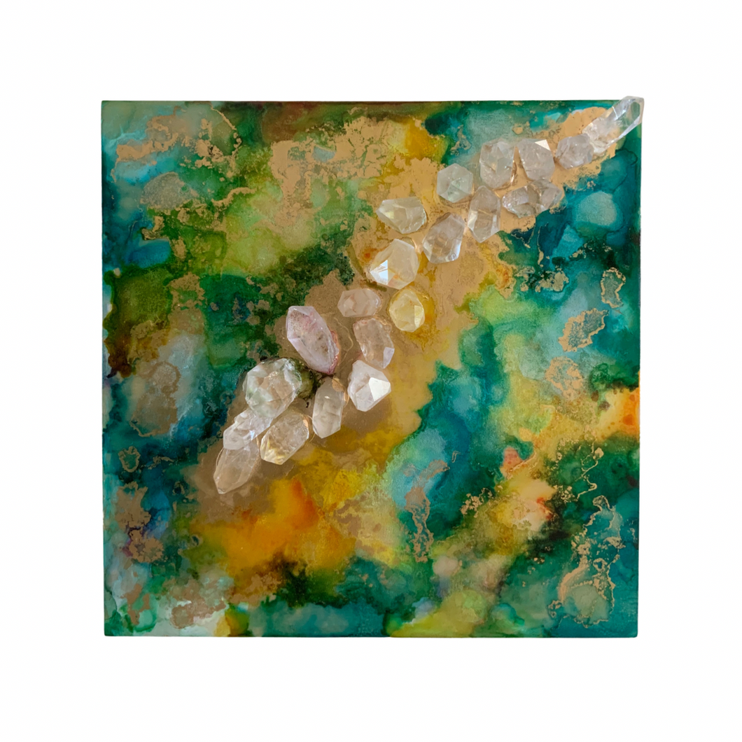 Alcohol Ink + Quartz Crystals on a Resined Wood Panel - 12”x12”