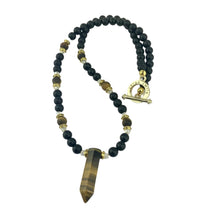 Load image into Gallery viewer, Tiger Eye + Black Onyx Beaded Necklace with a Tiger Eye Pendant
