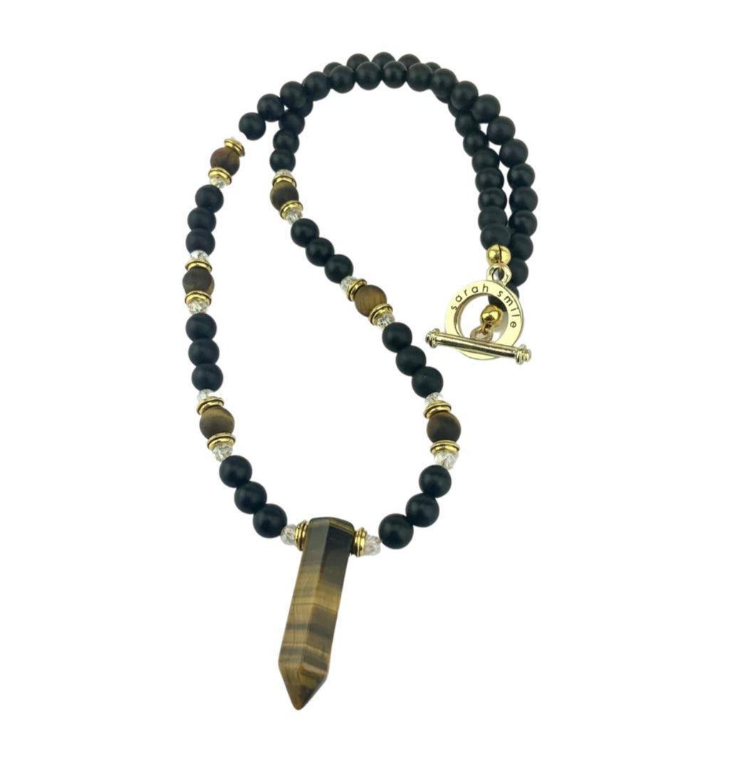 Tiger Eye + Black Onyx Beaded Necklace with a Tiger Eye Pendant