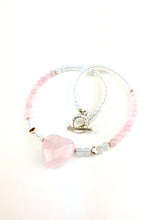 Load image into Gallery viewer, Opalite + Gold Heart + Rose Quartz Beaded Necklace with a Rose Quartz Heart Pendant
