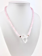 Load image into Gallery viewer, Rose Quartz + Gold Heart Beaded Necklace with a Quartz Pendant
