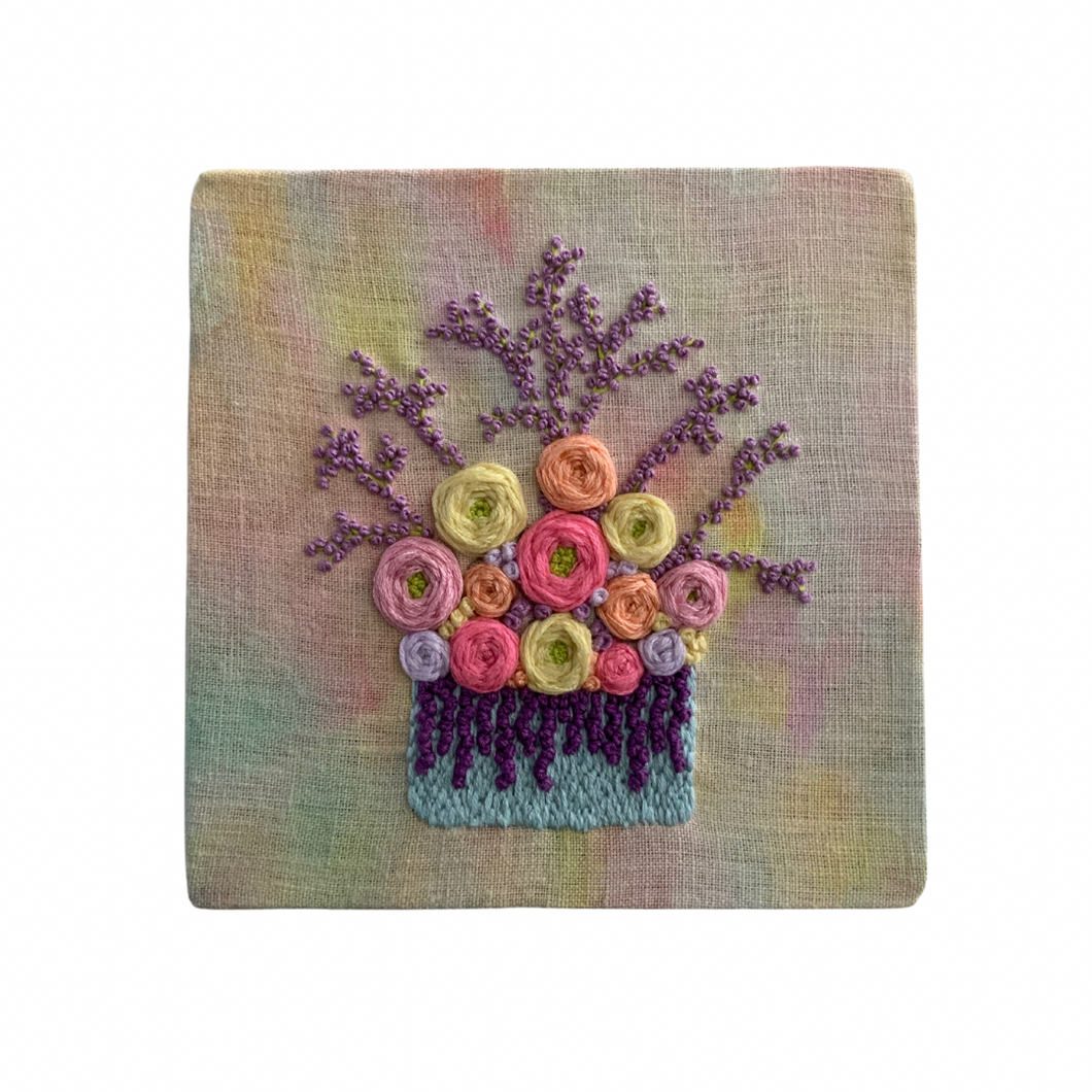 6”x6“ Floral Embroidery on Watercolour Painted Linen