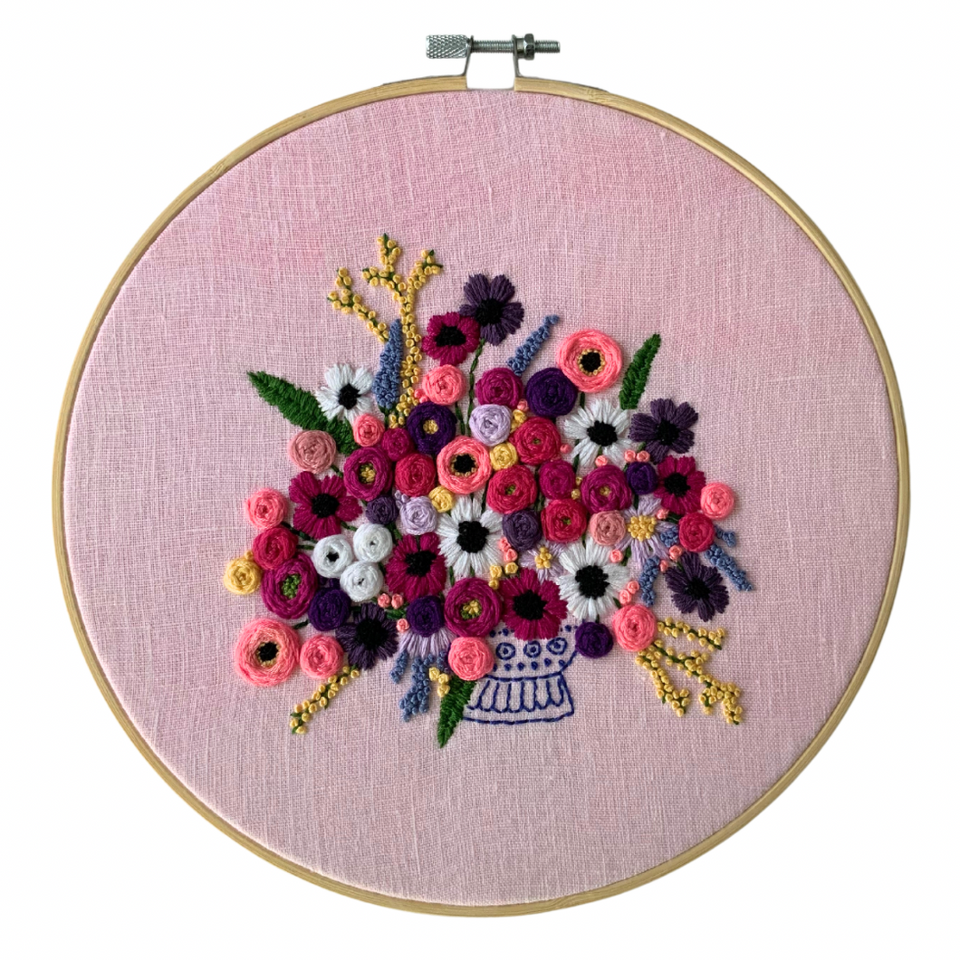 9.5“ Floral Embroidery on Avocado Dyed Linen