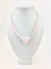 Load image into Gallery viewer, Opalite + Gold Heart + Rose Quartz Beaded Necklace with a Rose Quartz Heart Pendant
