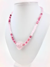 Load image into Gallery viewer, Cherry + Rose Quartz Beaded Necklace with a Rose Quartz Heart Pendant
