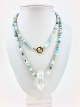 Load image into Gallery viewer, Amazonite + Gold Heart Beaded Necklace with a Quartz Pendant
