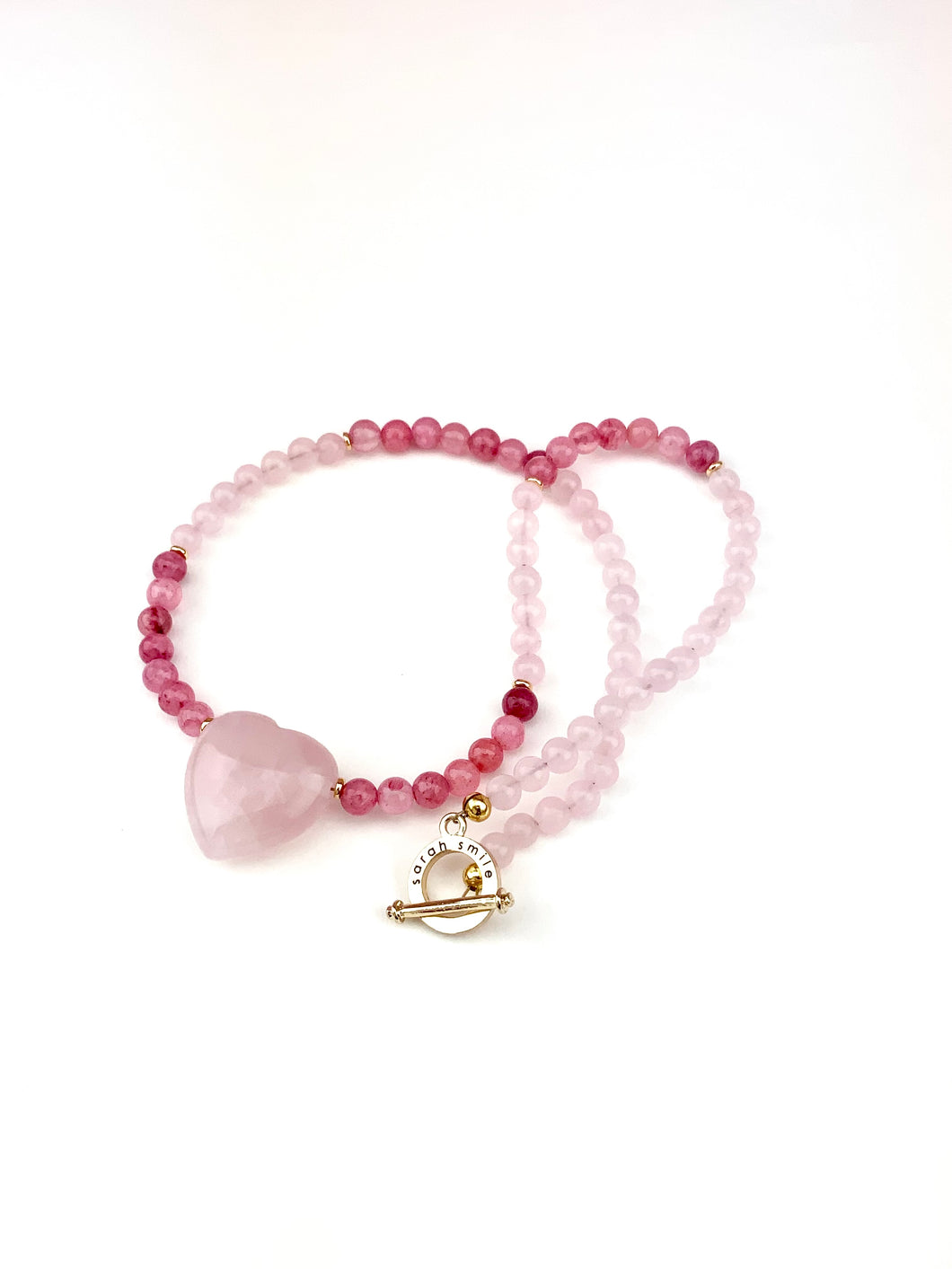 Cherry + Rose Quartz Beaded Necklace with a Rose Quartz Heart Pendant