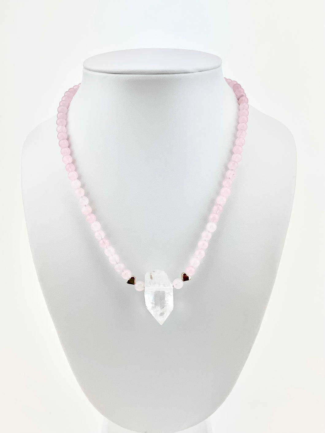 Rose Quartz + Gold Heart Beaded Necklace with a Quartz Pendant