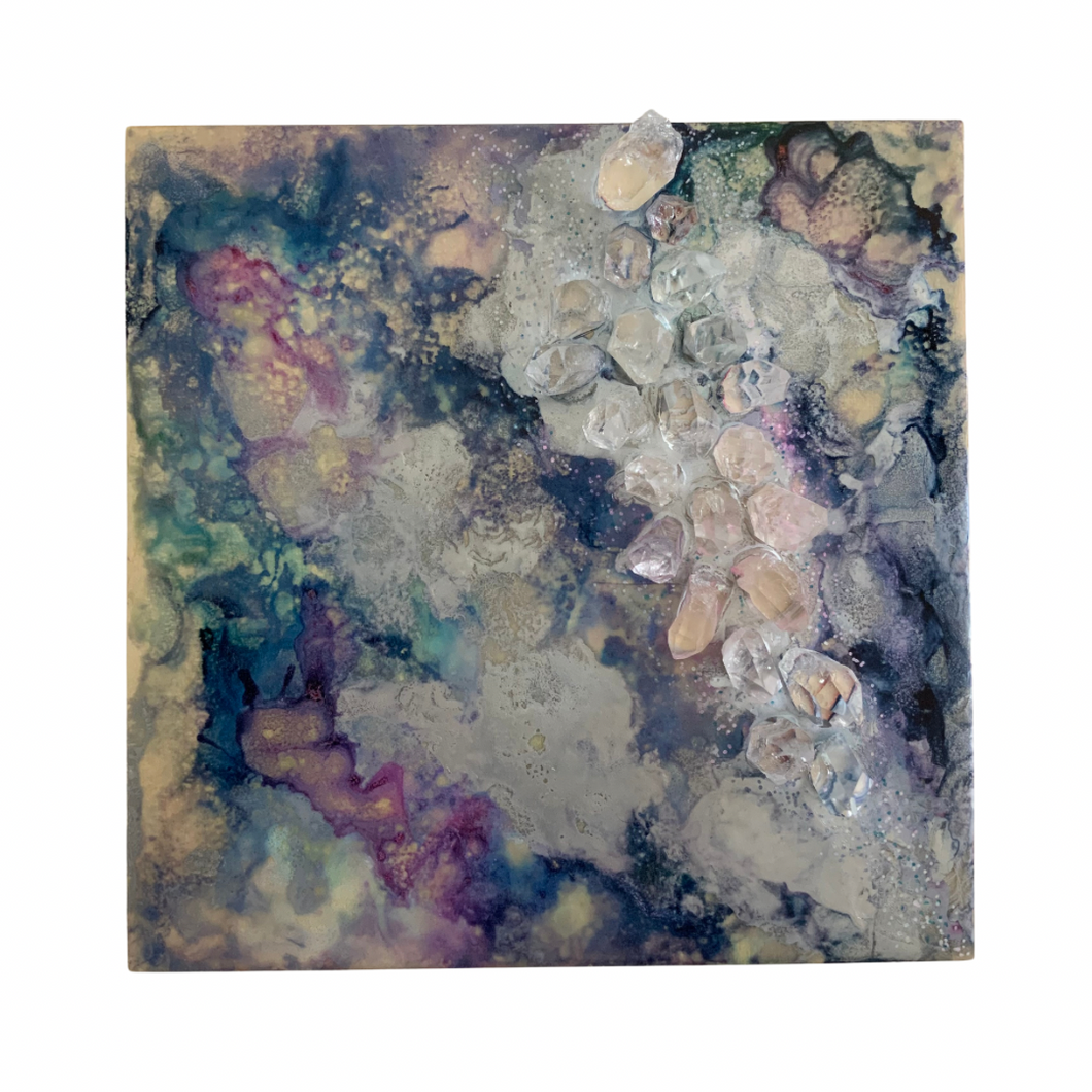 Alcohol Ink + Quartz Crystals on a Resined Wood Panel - 12”x12”