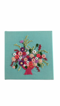 Load image into Gallery viewer, 8“X8” Floral Embroidery on Turquoise Linen.
