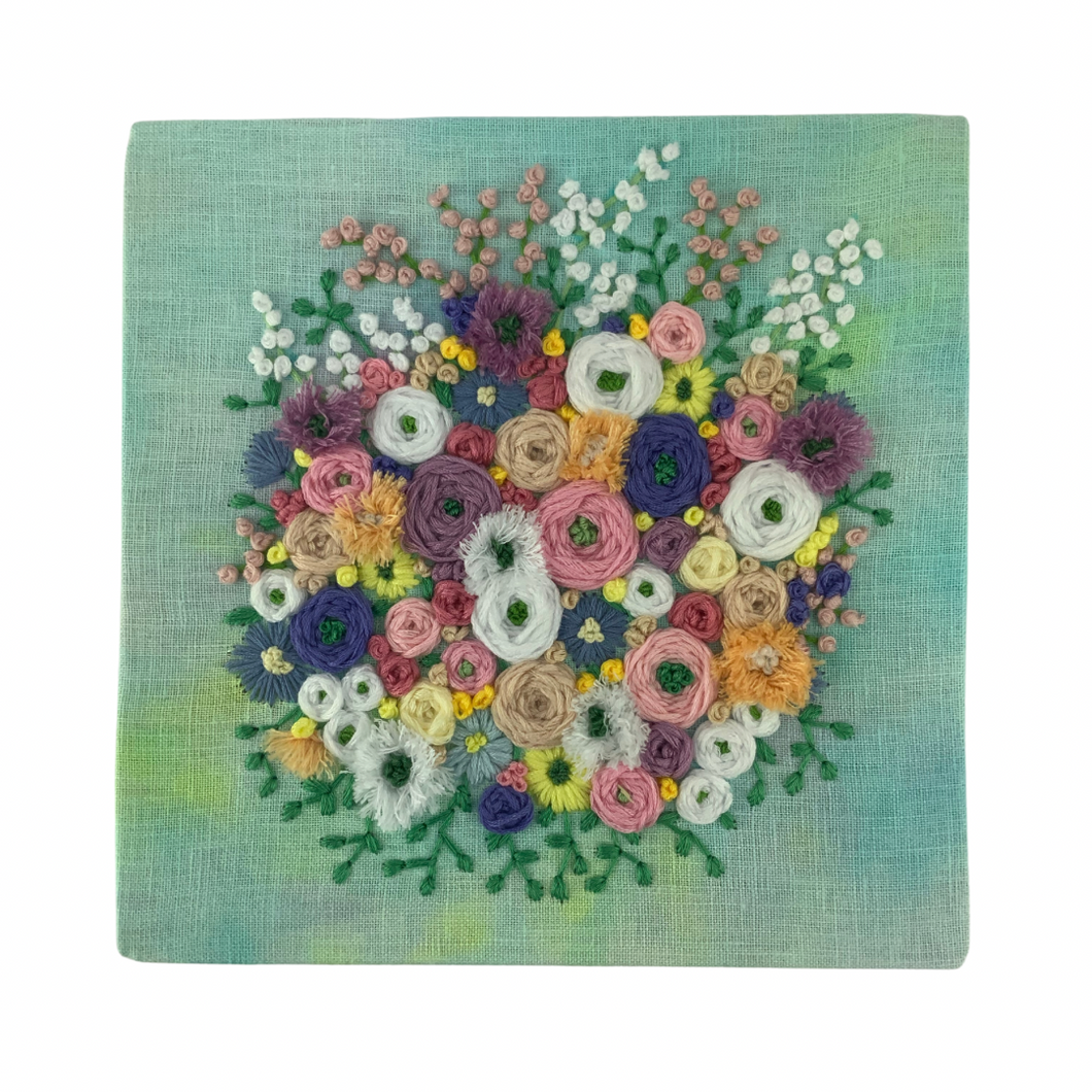 8”x8“ Floral Embroidery on Turquoise Painted Linen