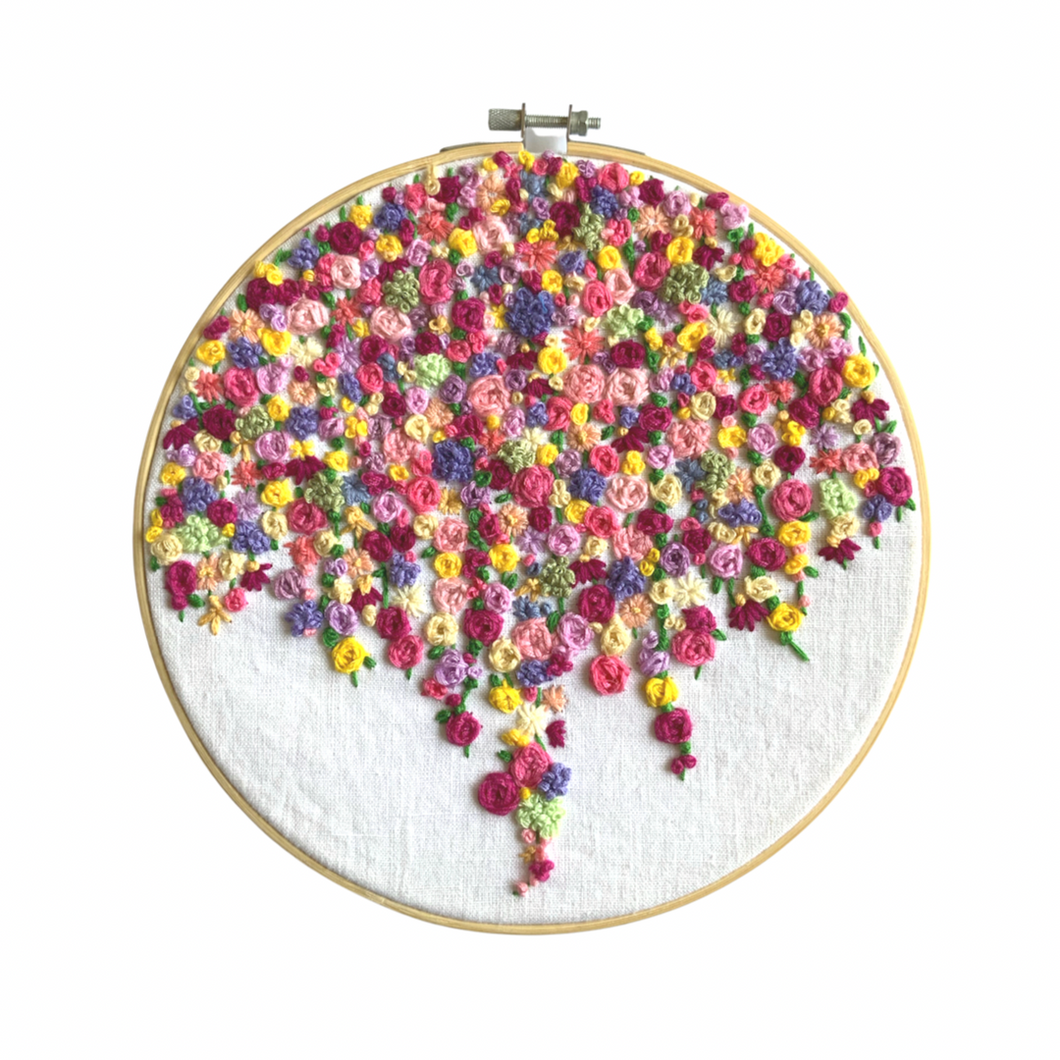 9” Floral Embroidery on White Linen.