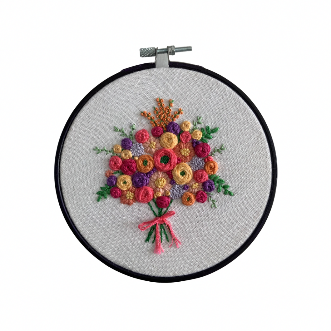 6“ Floral Embroidery on White Linen