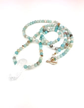 Load image into Gallery viewer, Amazonite + Gold Heart Beaded Necklace with a Quartz Pendant
