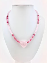 Load image into Gallery viewer, Cherry + Rose Quartz Beaded Necklace with a Rose Quartz Heart Pendant
