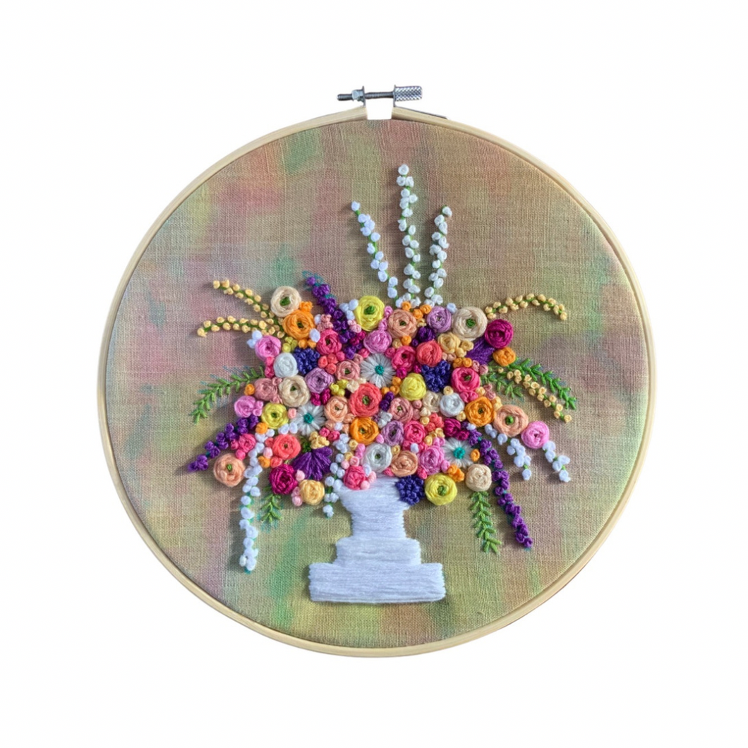9.5“ Floral Embroidery on Hand Painted Linen