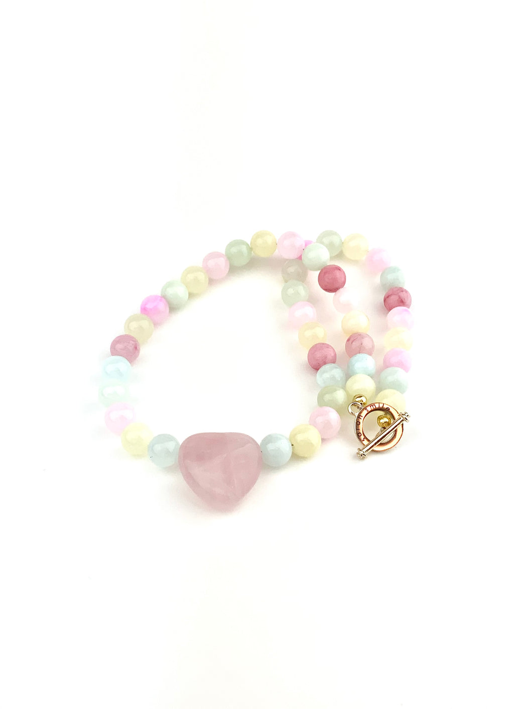 Pastel Dyed Green Jade Beaded Necklace with a Rose Quartz Heart Pendant