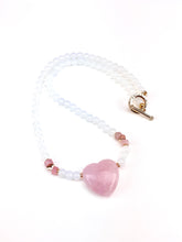 Load image into Gallery viewer, Opalite + Rose Quartz Beaded Necklace with a Rose Quartz Heart Pendant
