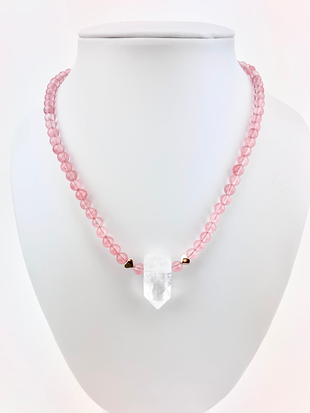 Cherry Quartz Beaded Necklace with a Quartz Pendant
