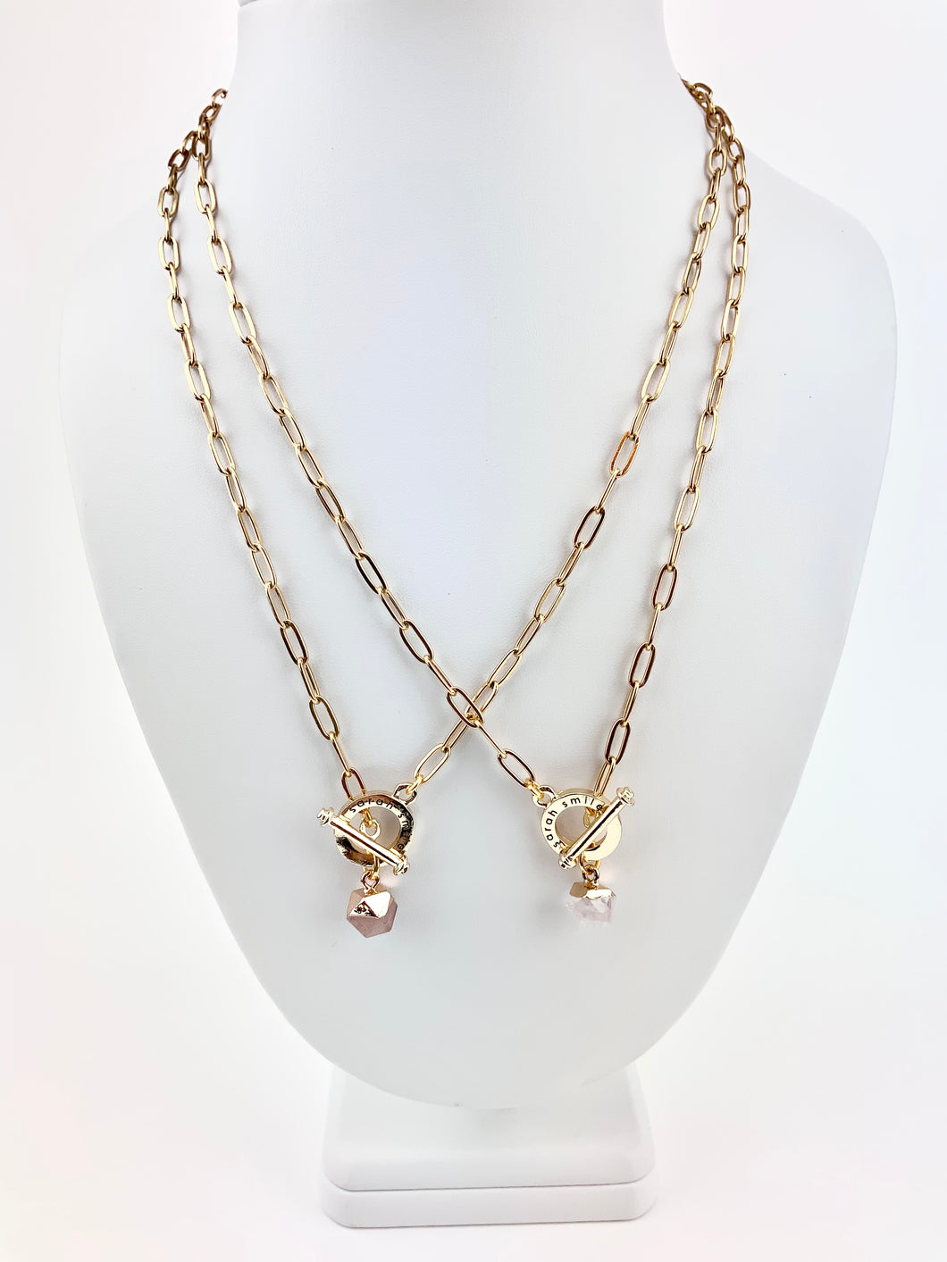 18k Gold Plated Brass Paperclip Chain with a Clear Quartz Pendant