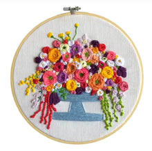 Load image into Gallery viewer, 9.5” Floral Embroidery on White Linen.
