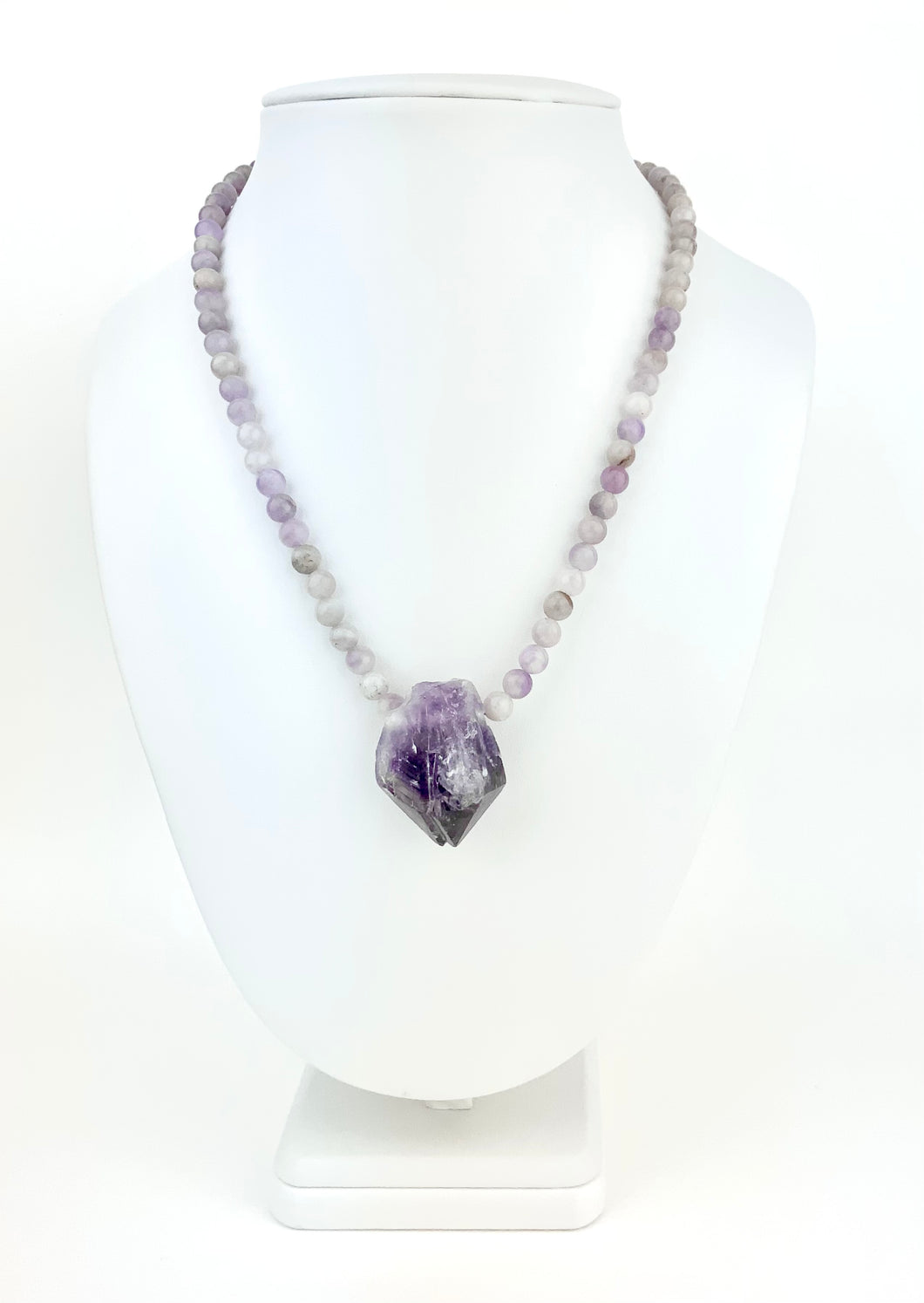 Amethyst Beaded Necklace with a Raw Amethyst Pendant