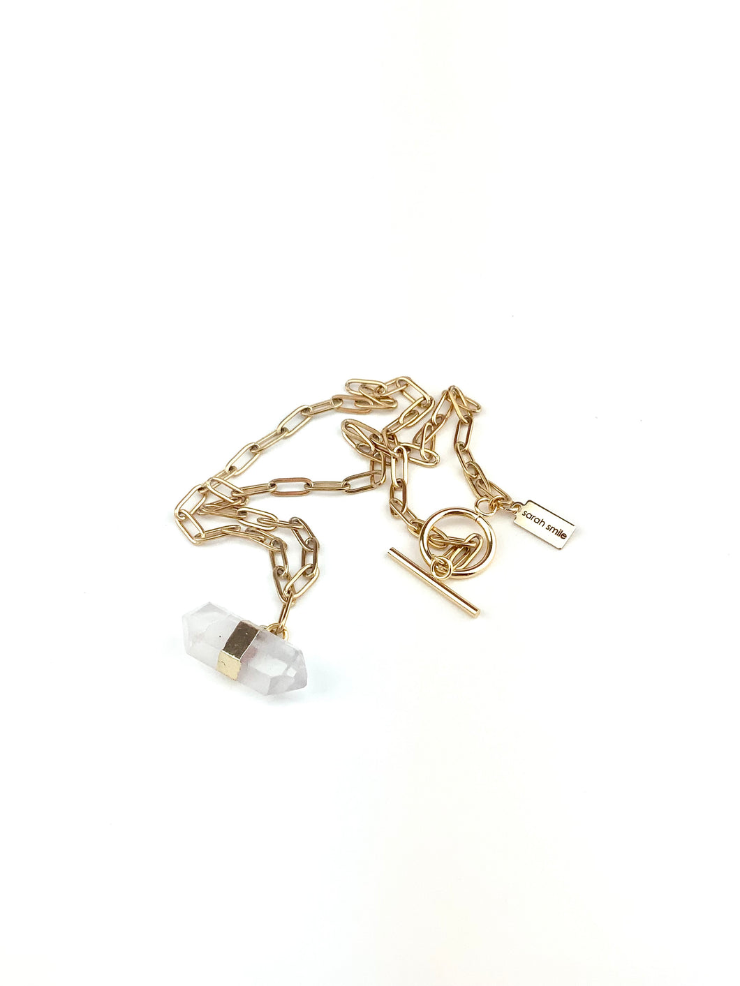 18k Gold Plated Brass Paperclip Chain with a Clear Quartz Pendant