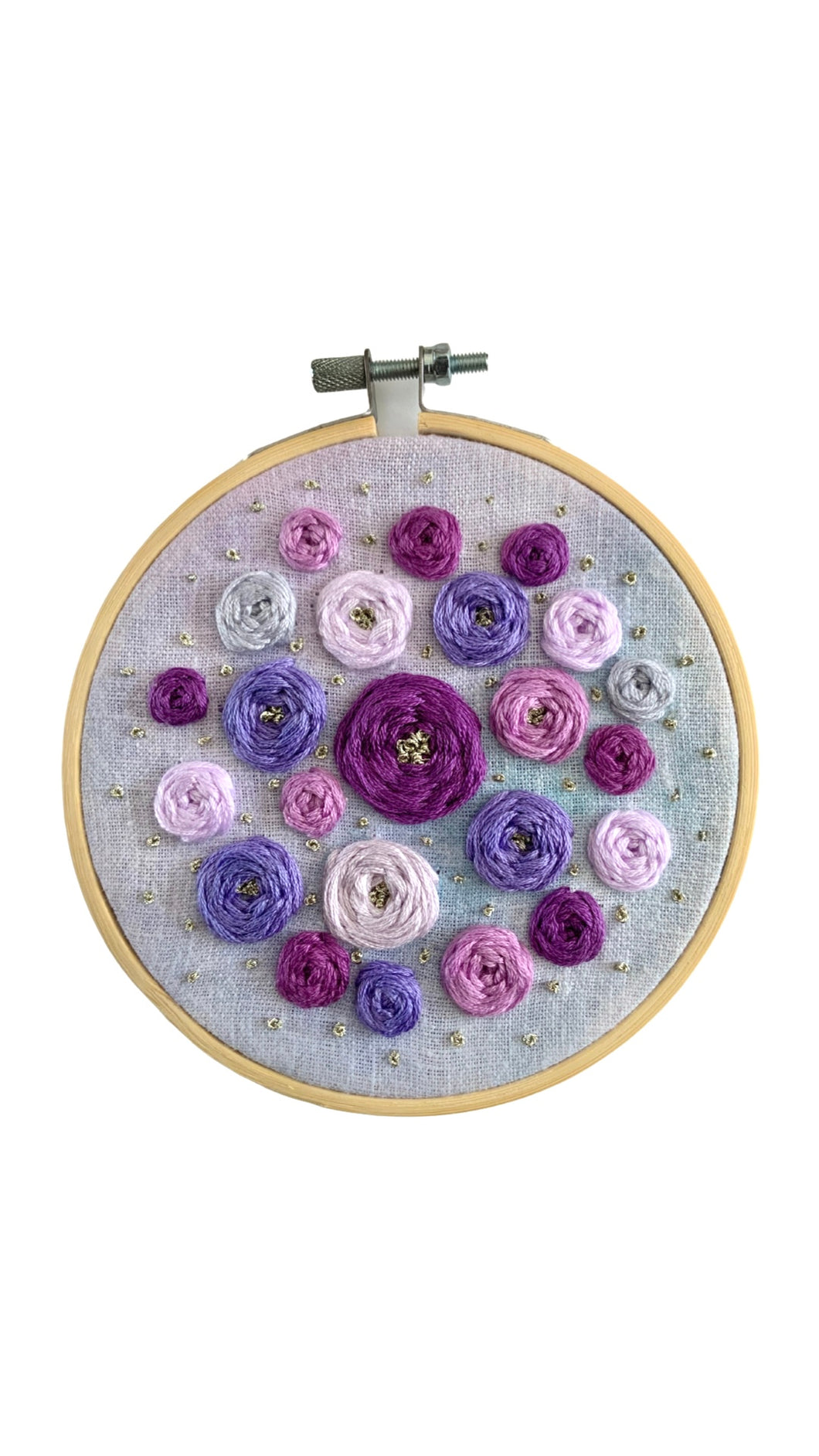 5” Floral Embroidery on Dyed Linen.