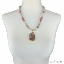 Load image into Gallery viewer, Rhodonite + Agate Beaded Necklace with a Galaxy Druzy Pendant
