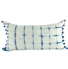 Load image into Gallery viewer, Shibori Indigo Linen Lumbar Cushion Cover w/ Pom Trim - OOAK
