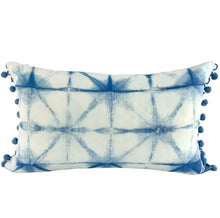 Load image into Gallery viewer, Shibori Indigo Linen Lumbar Cushion Cover w/ Pom Trim - OOAK
