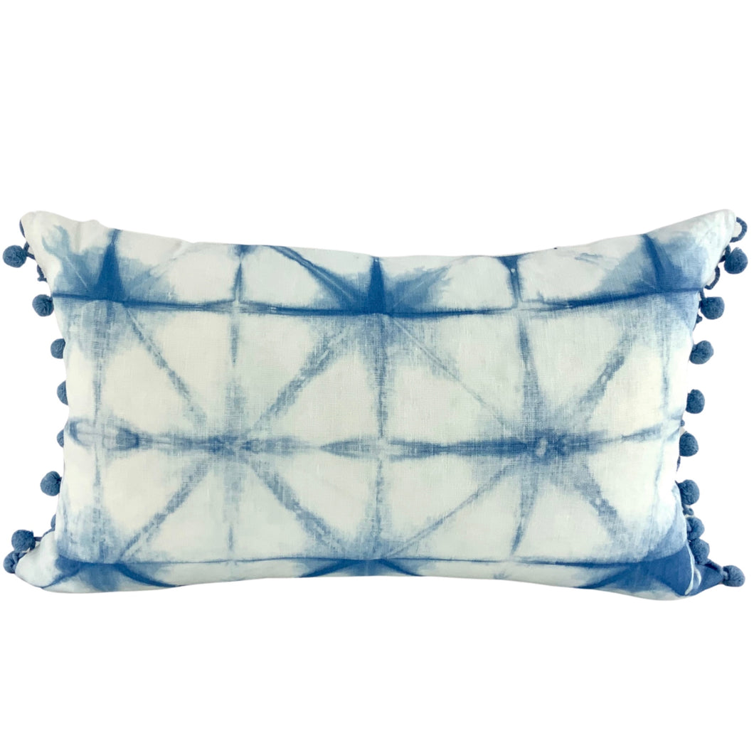 Shibori Indigo Linen Lumbar Cushion Cover w/ Pom Trim - OOAK