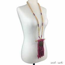 Load image into Gallery viewer, Extra Long Wood + Tiger Eye Beaded Statement Necklace with Sari Tassel
