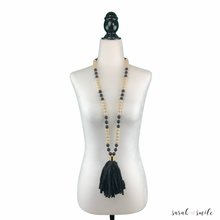 Load image into Gallery viewer, Black Onyx + Wood Long Beaded Statement Necklace with Sari Tassel
