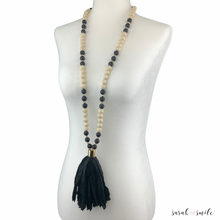 Load image into Gallery viewer, Black Onyx + Wood Long Beaded Statement Necklace with Sari Tassel
