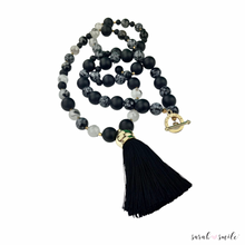 Load image into Gallery viewer, Black Onyx + Quartz Long Beaded Statement Necklace with Black Tassel
