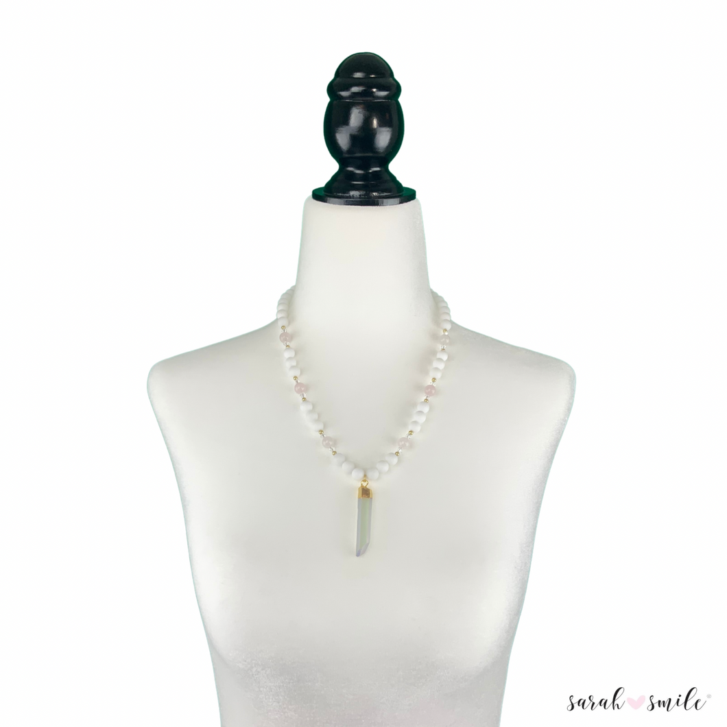 Glass + Kunzite Beaded Necklace with Quartz Crystal Pendant