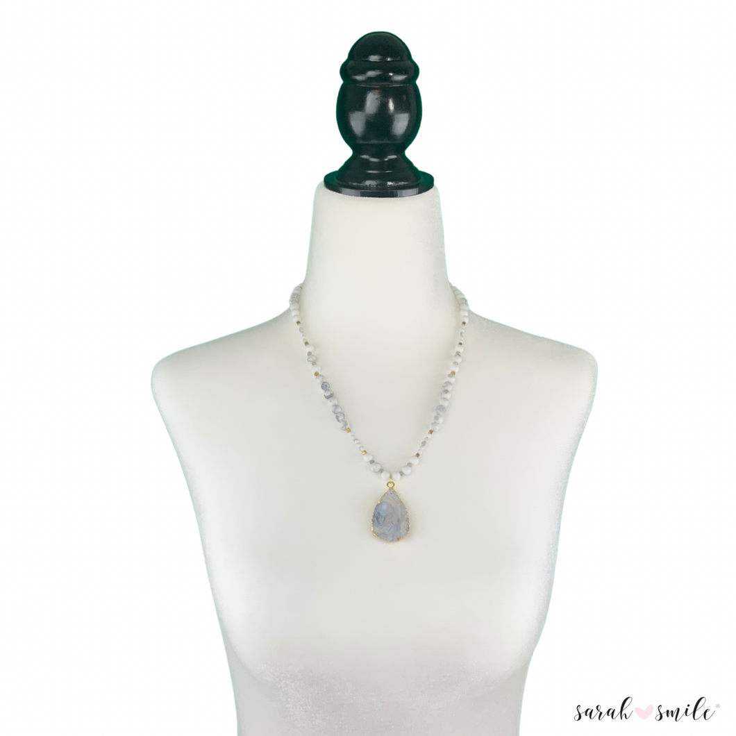 Howlite + White Jade Beaded Necklace with Galaxy Druzy Pendant