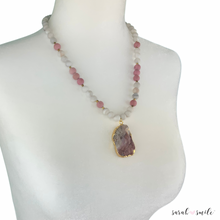 Load image into Gallery viewer, Rhodonite + Agate Beaded Necklace with a Galaxy Druzy Pendant
