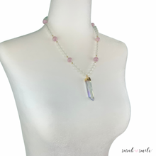 Load image into Gallery viewer, Glass + Kunzite Beaded Necklace with Quartz Crystal Pendant
