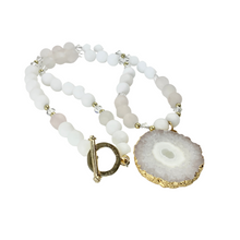 Load image into Gallery viewer, White Jade + Rose Quartz Beaded Necklace with a Solar Quartz Pendant
