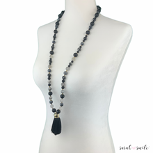 Load image into Gallery viewer, Black Onyx + Quartz Long Beaded Statement Necklace with Black Tassel
