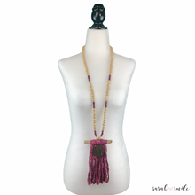 Load image into Gallery viewer, Extra Long Wood + Tiger Eye Beaded Statement Necklace with Sari Tassel
