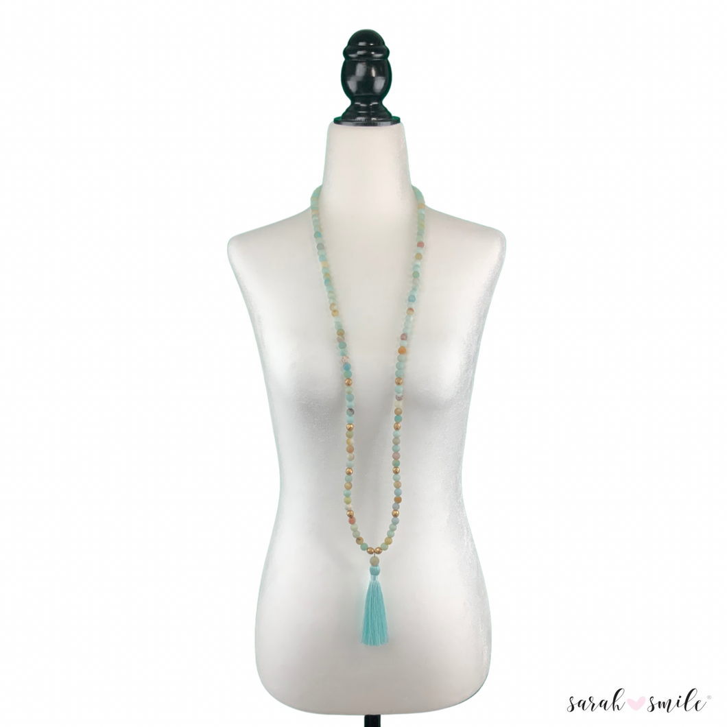 Extra Long Amazonite Beaded Necklace with Tassel