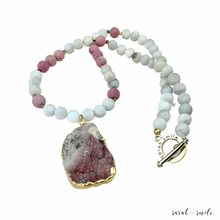 Load image into Gallery viewer, Rhodonite + Agate Beaded Necklace with a Galaxy Druzy Pendant
