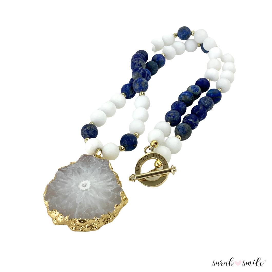 White Jade + Lapis Lazuli Beaded Necklace with a Solar Quartz Pendant